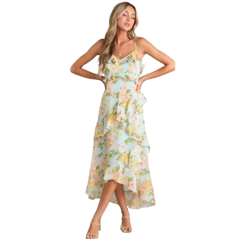 By The River Blossom In Time Blue Multi Floral Ruffle Tiered Midi Dress Size L